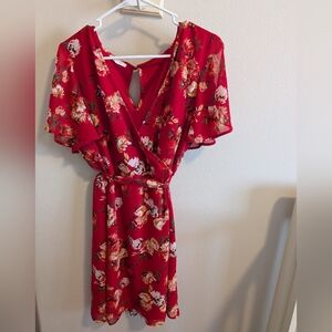 Maurices Women's Large Red Floral Midi Dress V Neck Short Sleeve Tie Waist Lined